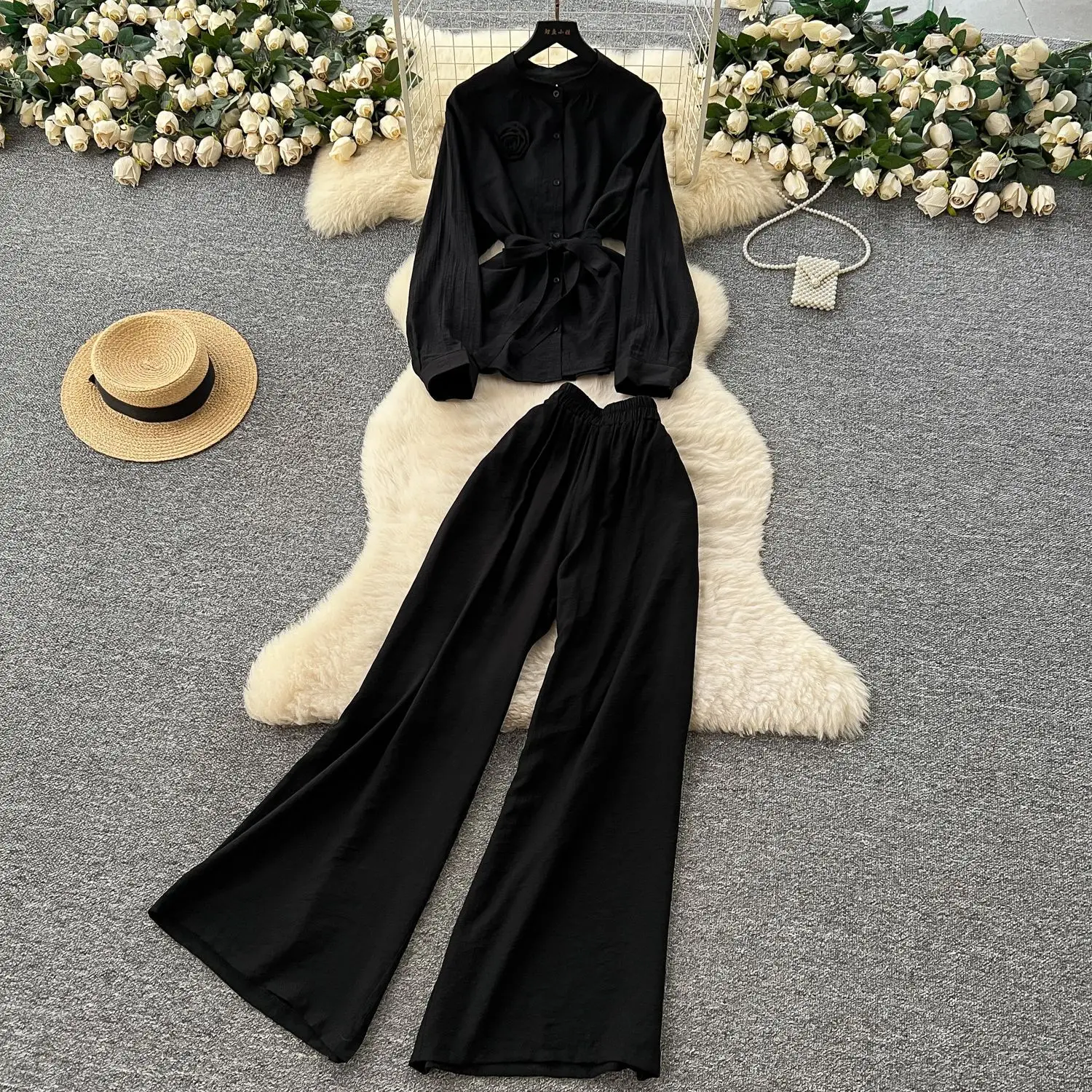 ผู้หญิงชุดกางเกง 2 ชิ้นชุดรอบคอแขนยาวเสื้อลูกไม้ขึ้นขากว้างยาวกางเกงเอวยางยืด Y2k Streetwear ทํางาน