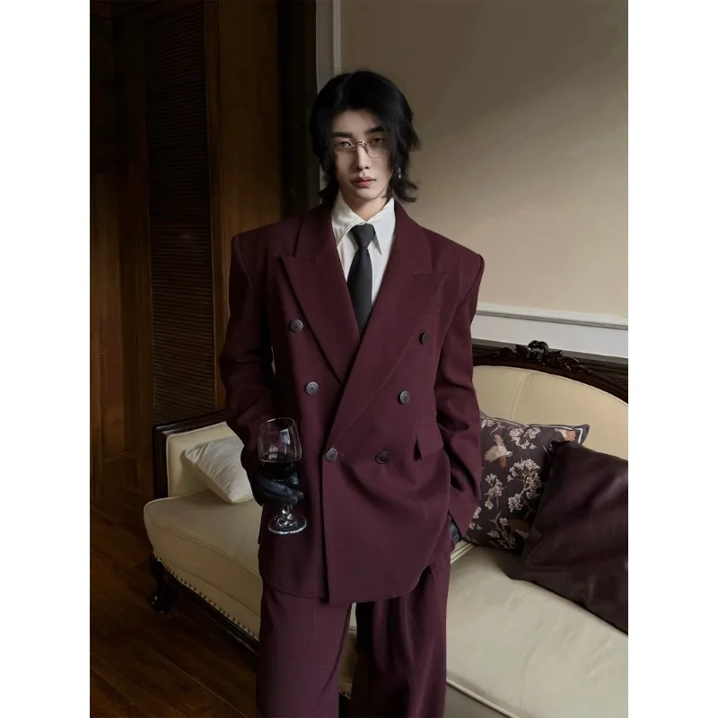 

High Quality Luxury Men Burgundy Blazer Light Retro Suit