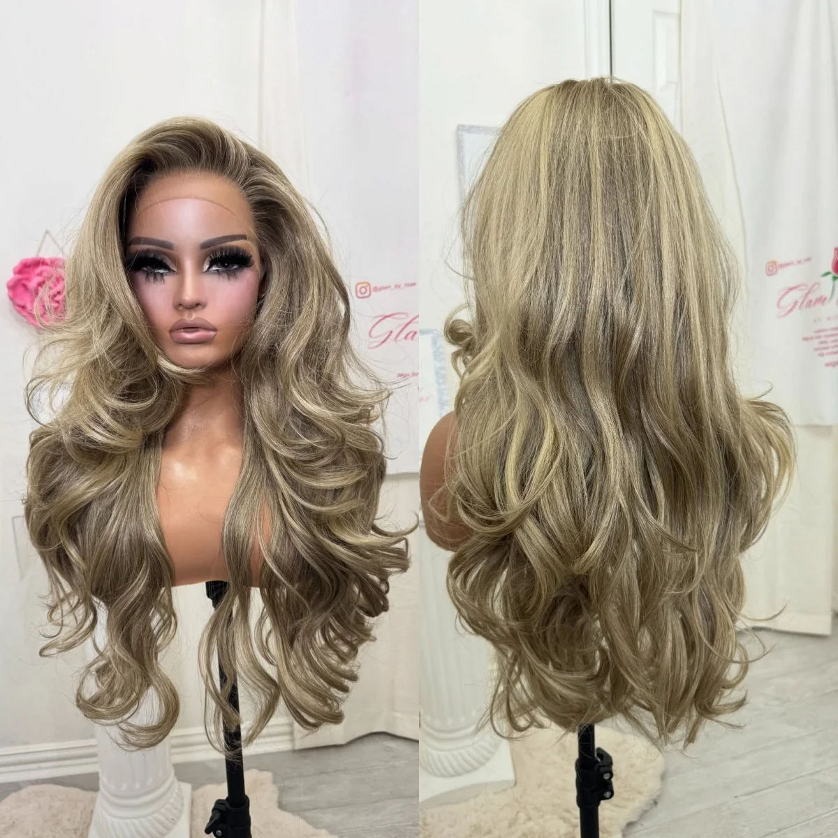 

Women's Wig 26" Free Part Ombre Ash Blonde Highlight Wig High Quality Body Wave Synthetic Wig Body Wave Mix Color Glueless Wig