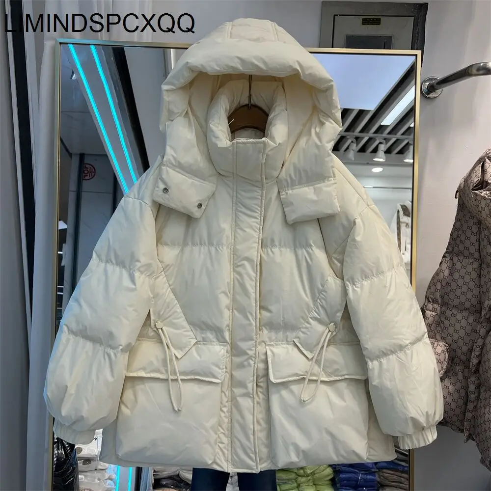 2024 New Women White Duck Down Jacket Autumn Winter Warm Casual Loose Outwear With Hood Female Pocket Puffer Coat