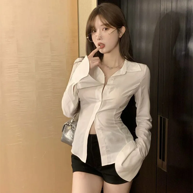 Women Sexy Slim White Chiffon Shirt Korean Turn-down Collar Flare Sleeve Tunic Bandage Blouse Single-breasted Office Lady Tops