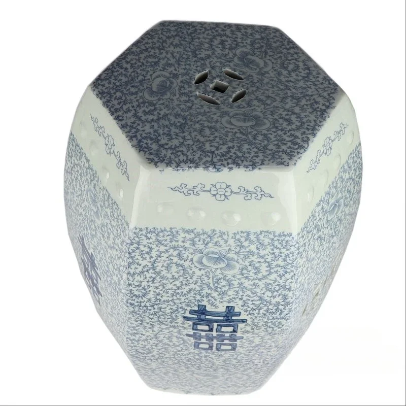 Ceramic blue and white happy character entwined lotus hexagonal cool pier garden shoe stool home ornament
