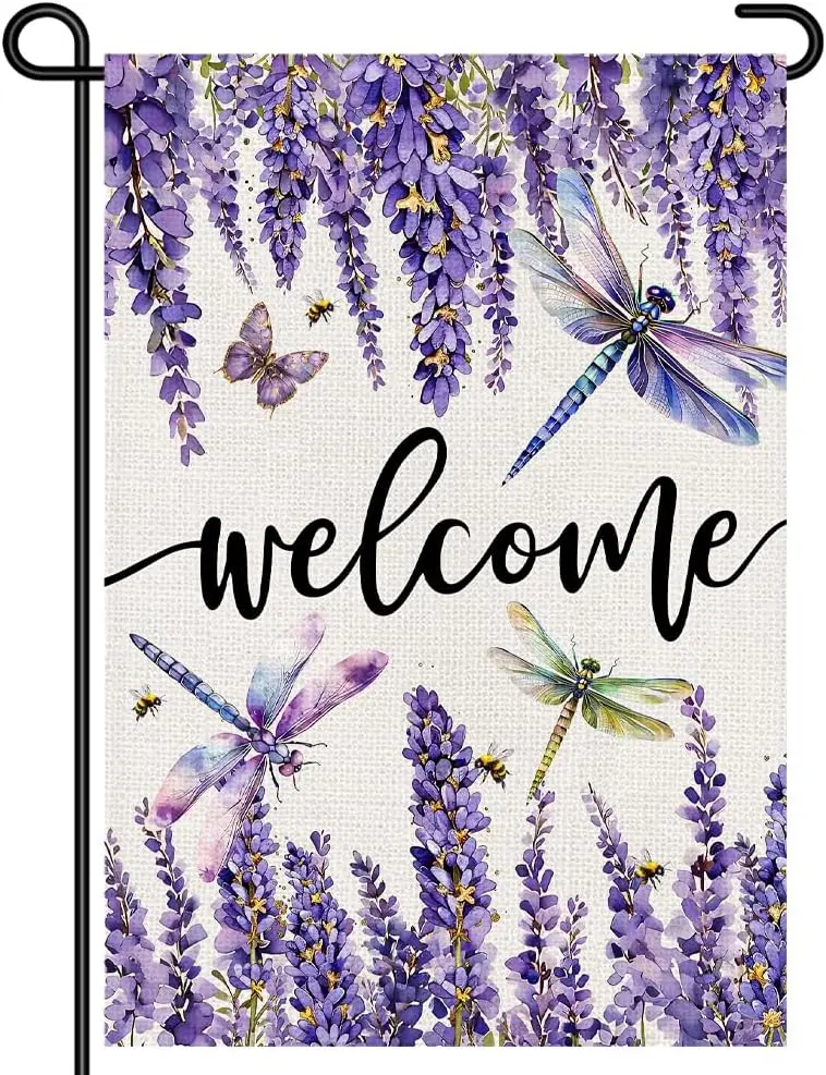 Spring Welcome Lavender Dragonfly Garden Flag 12x18, Purple Floral Outdoor Yard Decor, Double Sided Burlap Welcome Flag for  AAS