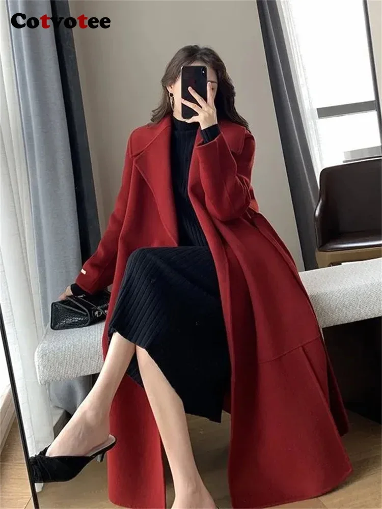 Cotvotee Red Wool Coats for Women 2023 Autumn Winter New Long Sleeve Turn Down Collar Chic Coats Loose Lace Up Thicken Jacket