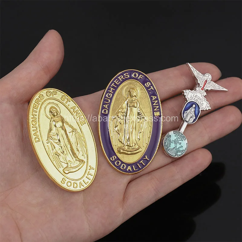 Brand New Catholic Gold Plated Blue Virgin Mary Gold Plated Brooch Cross Medal Brooch with Lapel Pin Men Gift Jewelry Religious