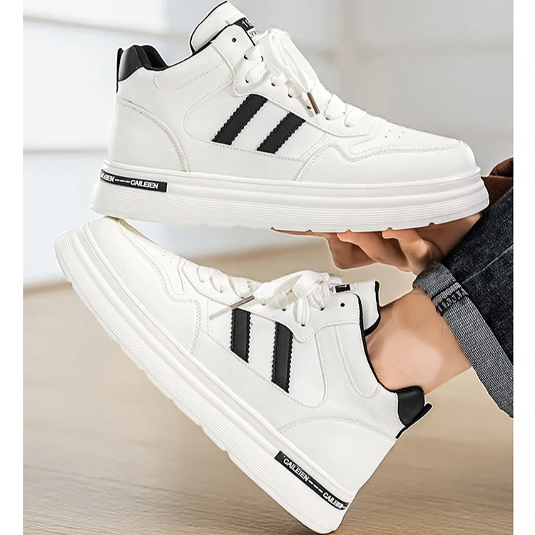 秋の厚底通気性ハイカットメンズカジュアルシューズホワイト身長アップ快適ブーツ耐摩耗性ボードシューズ