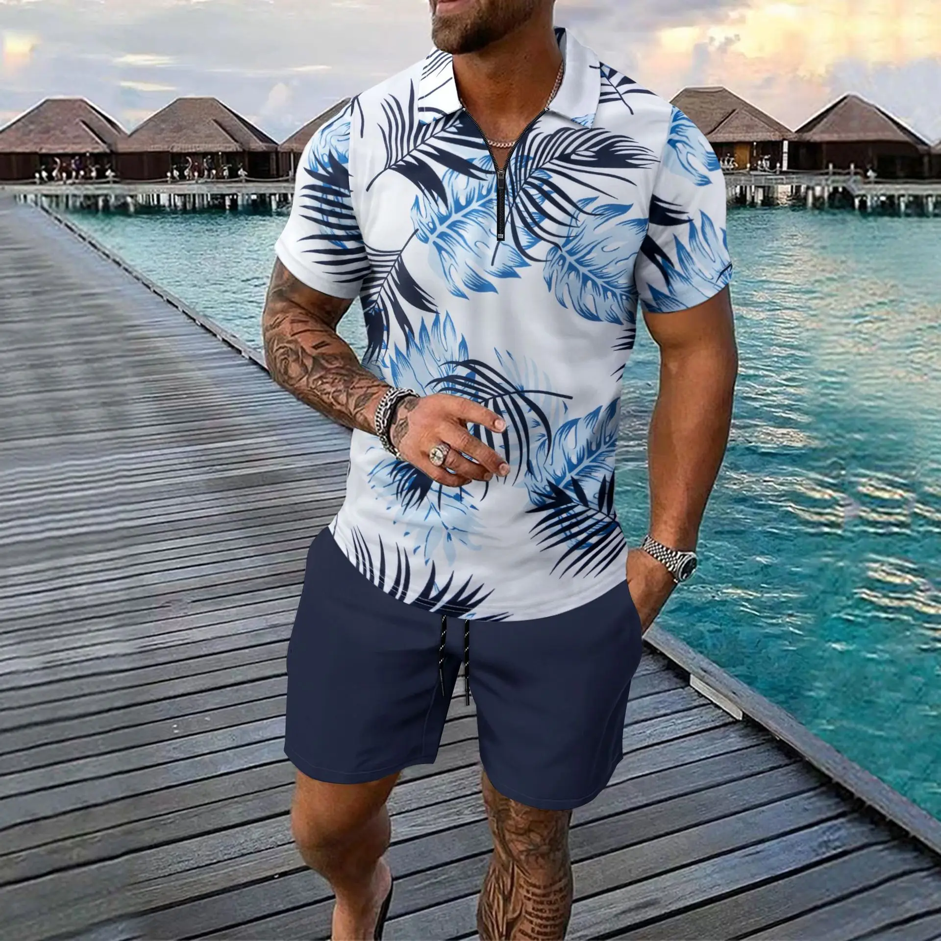 

Beachwear Men's irt And orts Set Digital Print Zip ort Sve Summer Casual Sportswear ort Pants Ensemble
