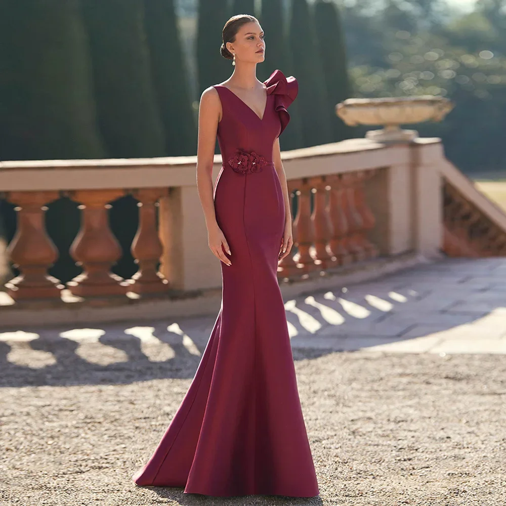 

Customized Sexy Mother of The Bride Dress V Neck Sleeveless Ruffles Beading Flower Mermaid Wedding Guest Gown for Godmom