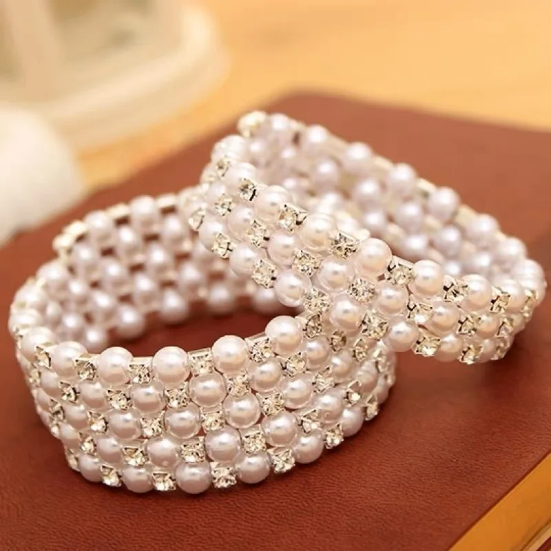 Elegant Crystal Pearl Bangles Adjustable Bracelet Women\'s Crystal Bracelet Wristband Bridal Jewelry Weddings Party Gifts