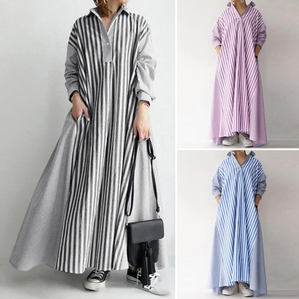 

Women Dress Casual Loose Dress Striped Print Maxi Dress A-line Oversized Pockets Long Sleeves Women's Fashion for Fall Spring