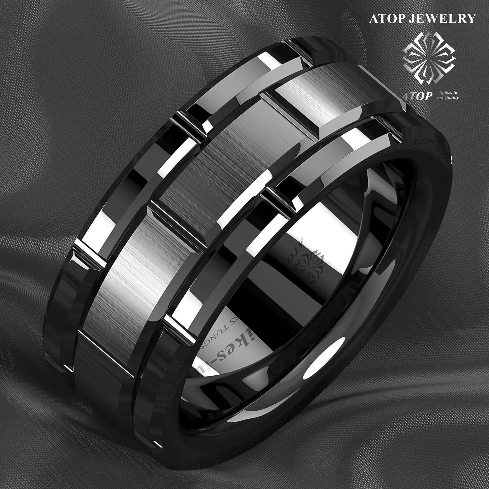 

8mm Black Tungsten Carbide Ring Bushed Brick Pattern ATOP Men Wedding Band