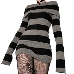 Women Spring Autumn ​Short Bodycon Dress Stripe Boat-Neck Long Sleeve Dress Wrapped Hip Party Dress