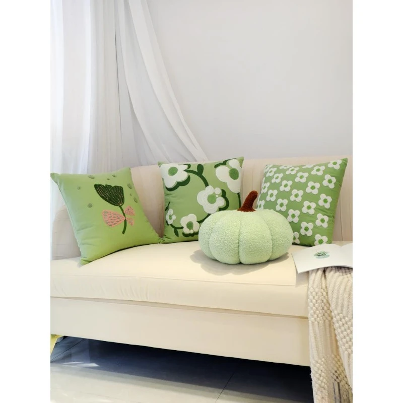 Green Decorative Pillow Set Plush Pumpkin Cushion Checkerboard Tulip Pattern Throw Pillow Hollow Fiber Filling For Sofa Bedroom