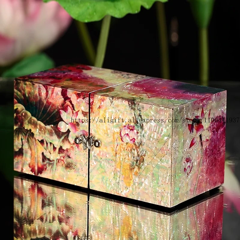 

Lotus Fairy Jewelry Box Chinese Mother-of-Pearl Lacquerware Elegant Earring Necklace Organizer Wedding Gift with Celestial