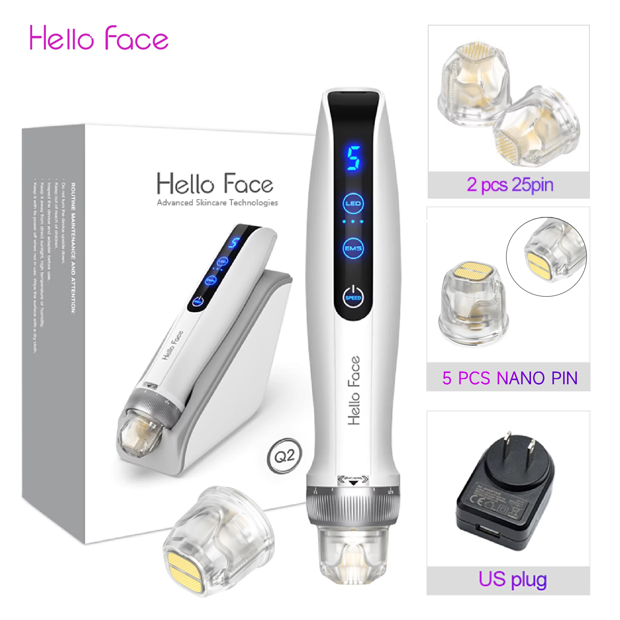 Hello Face Microneedling Pen Q2 Bio-Stift mit 7 Stück Titannadel, professioneller Derma-Stift, EMS-Therapiegerät für rotes und blaues Licht 9