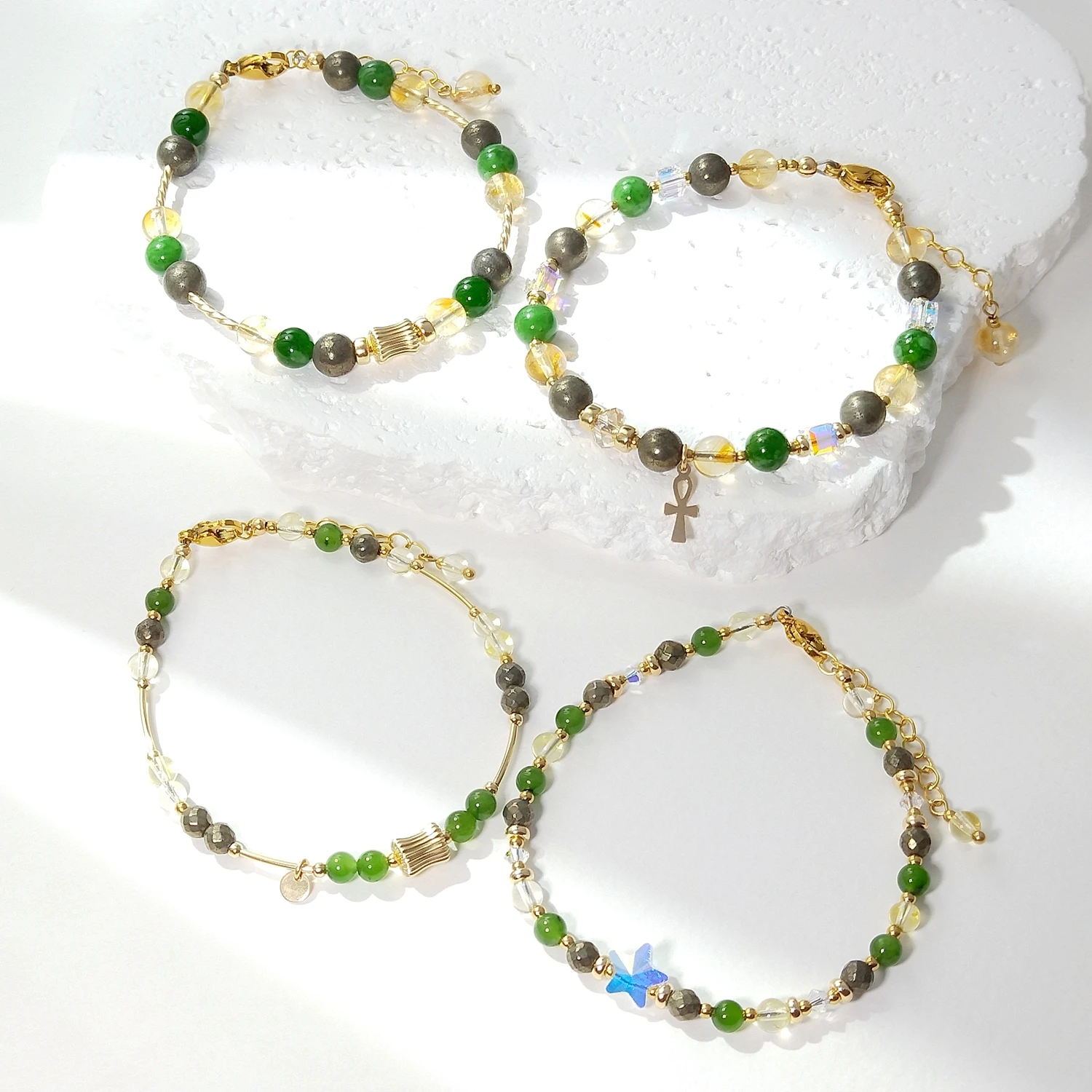 Lii Ji Natural Hetian Jade Green Jade Citrine Tiger's Eye 4mm/6mm American 14K Gold Filled Charms Handmade Bracelet