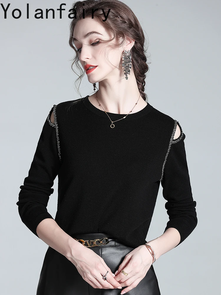 YOLANFAIRY Black Wool Sweaters Chic Off Shoulder Sweater for Woman Autumn Winter Korean Beading Pullovers Long Sleeve Tops Women