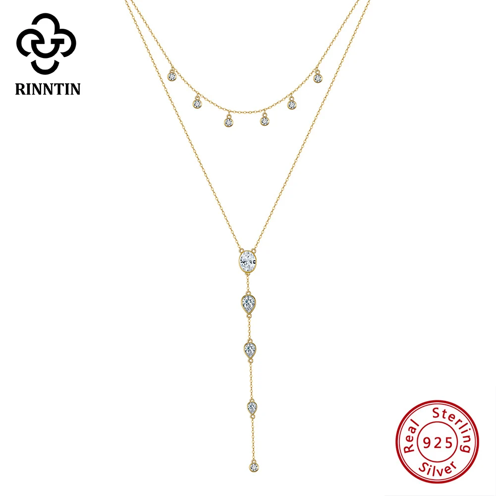 

Rinntin Genuine 925 Sterling Silver 5A Clear CZ Necklace 90mm Chain Rround Cut Pendant Elegant Necklace For Women Jewelry BQN16