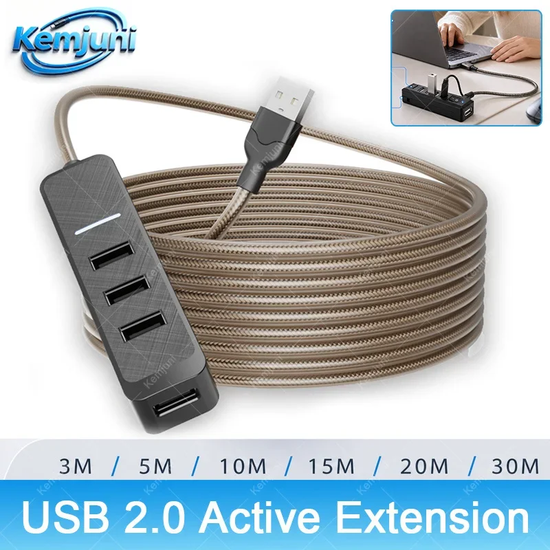 USB 2.0 Splitter 1M/2M/5M/10M//15M/20M Extended USB Interface Extender Computer Mouse Camera Extension Cable 1/4 Hub
