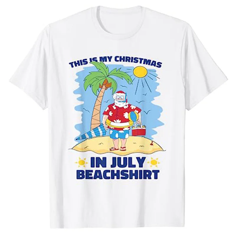 This Is My Christmas In July Beachshirt Funny Xmas Santa T-Shirt Cute Beach Lover Graphic Tee Top Summer Fashion Vacation Outfit