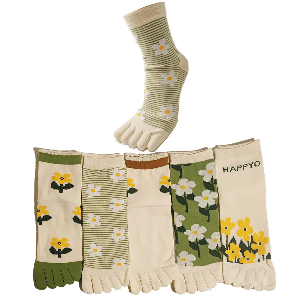 5 Pairs Of Green Women's Printed Flowers Cotton Toe Socks Set Comfortable Five-Finger Separation Socks