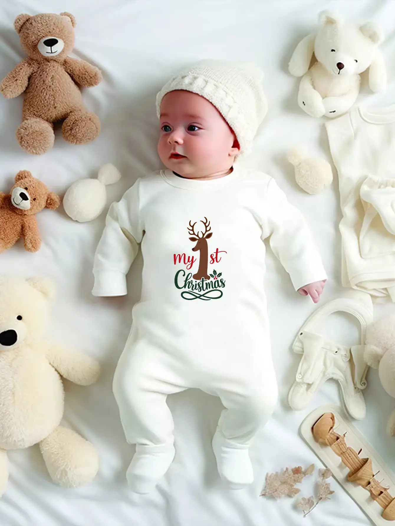 My First Christmas Baby Footed Romper Deer Antler Print Long Sleeve Newborn Jumpsuit Infant Christmas Outfit Gift