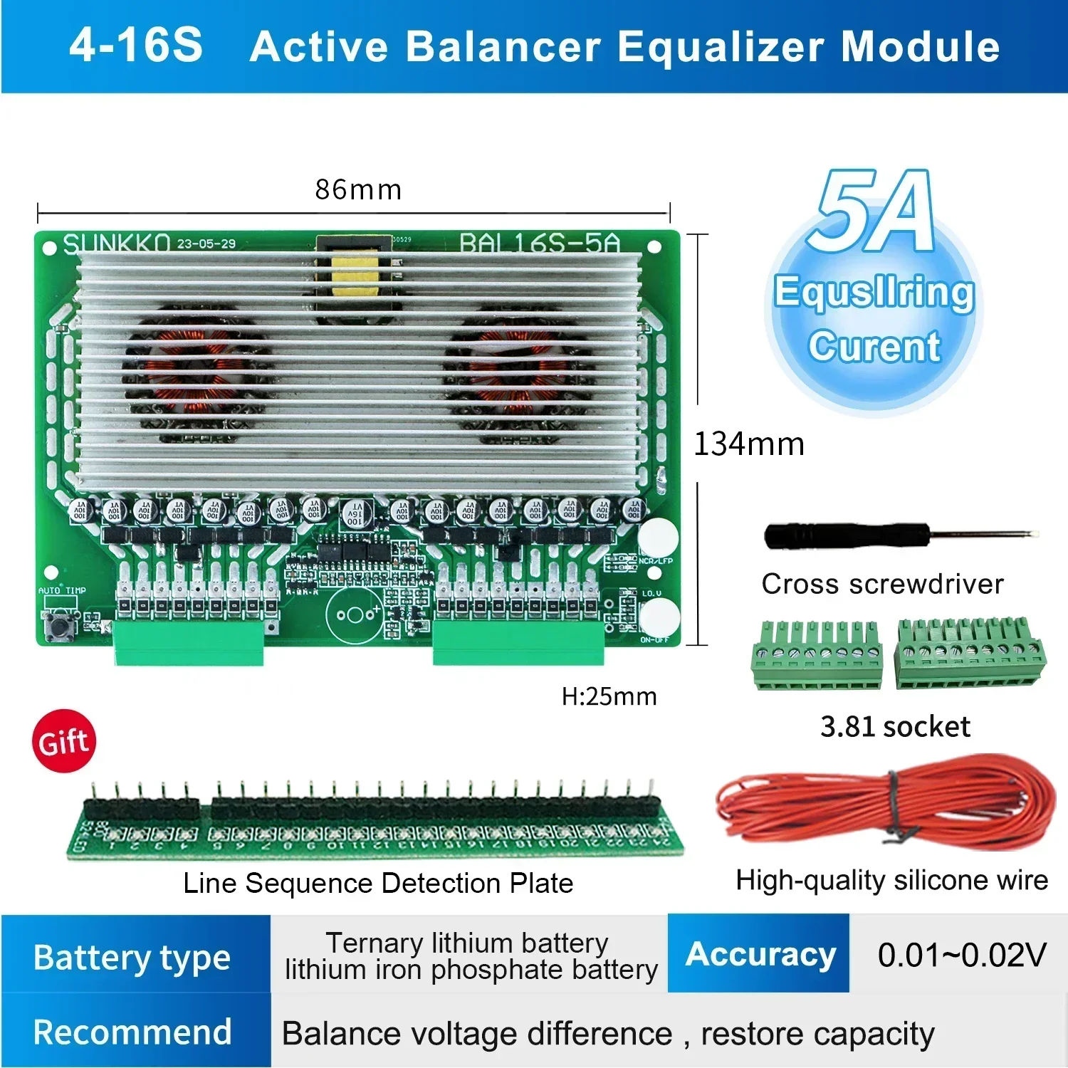 NewNew in stock SUNKKO Active Equalizer Battery Equalizer 4 to 16 String Battery Packs 5A Active Balancer