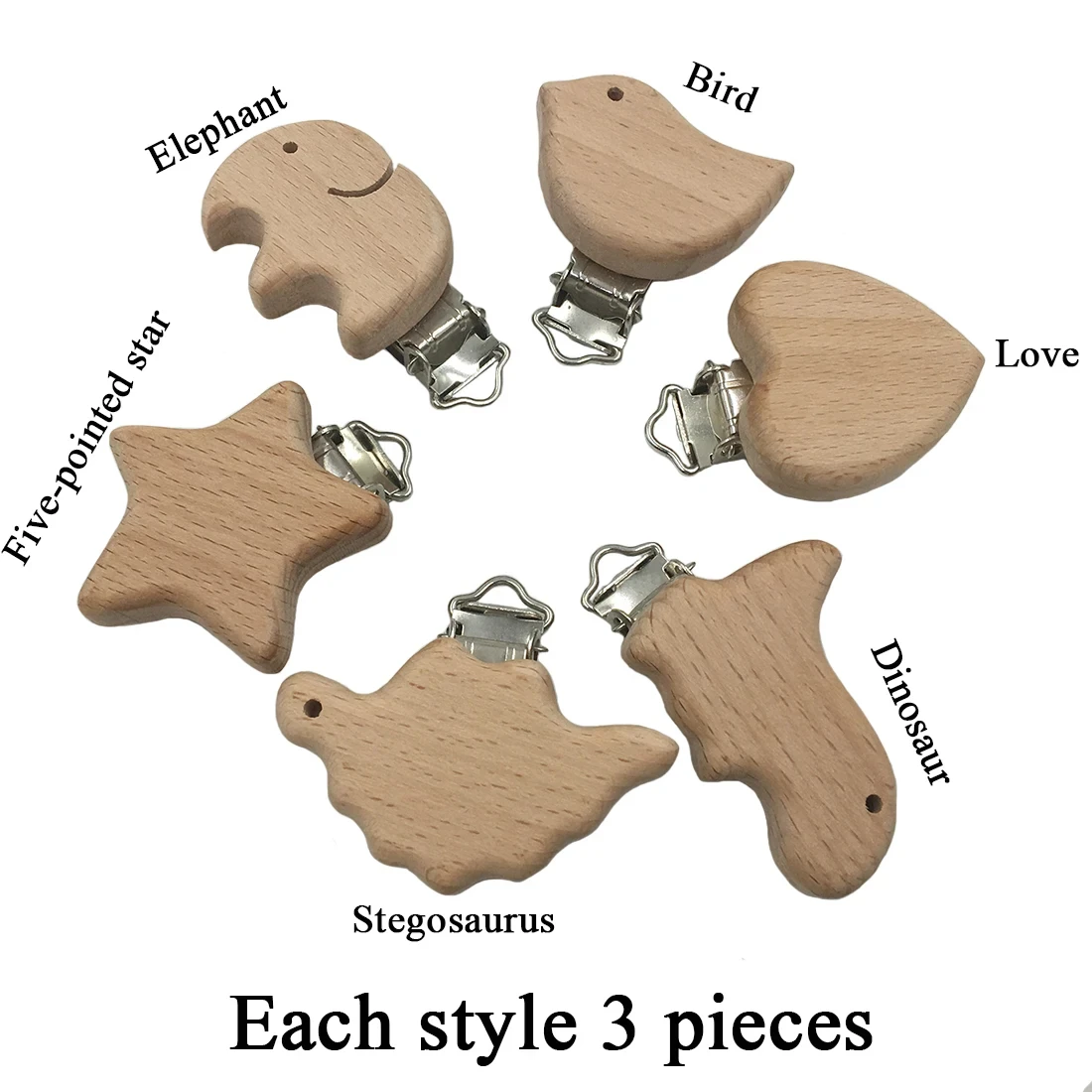 ABCPICK Eco-Friendly Wooden Pacifier Clip 18pc Beech Animal Natural Toys DIY Pacifier Chain Jewelry Making Handmade Accessories