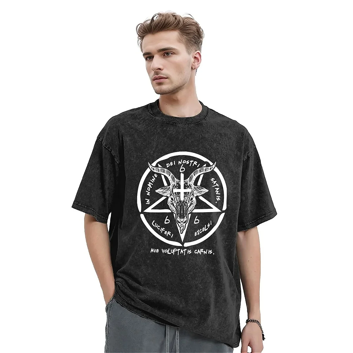 Men's T Shirt 666 Baphomet Washed T Shirts Popular Sigil Of Satan Beach Tee Shirt Streetwear Custom Simple Clothing Plus Size