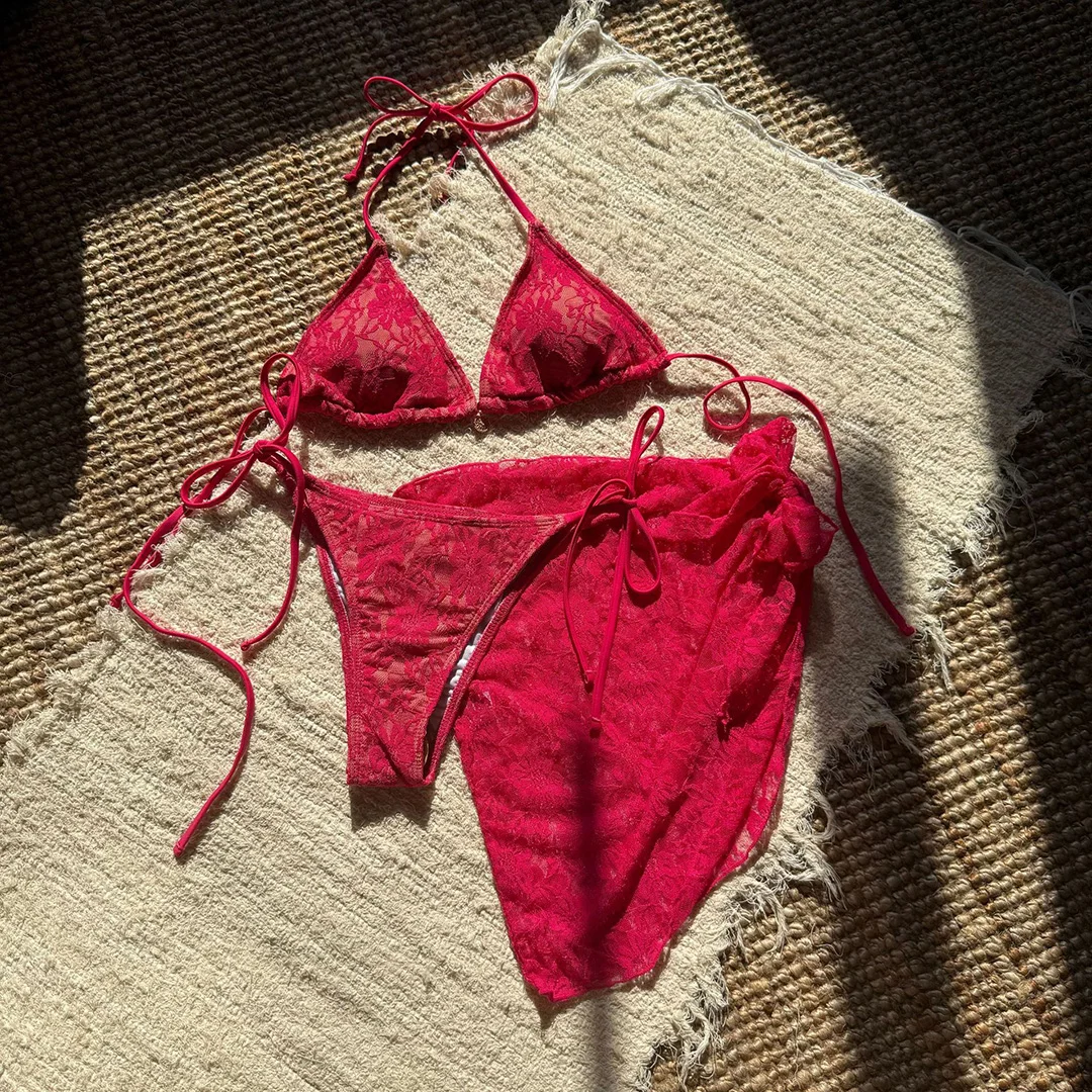 Netz-Sarong-Spitzen-Bikini mit Neckholder und hohem Beinausschnitt, Damen-Badeanzug, dreiteiliges Bikini-Set, Badebekleidung, Badeanzug, Schwimmanzug V6284H – Detail 30
