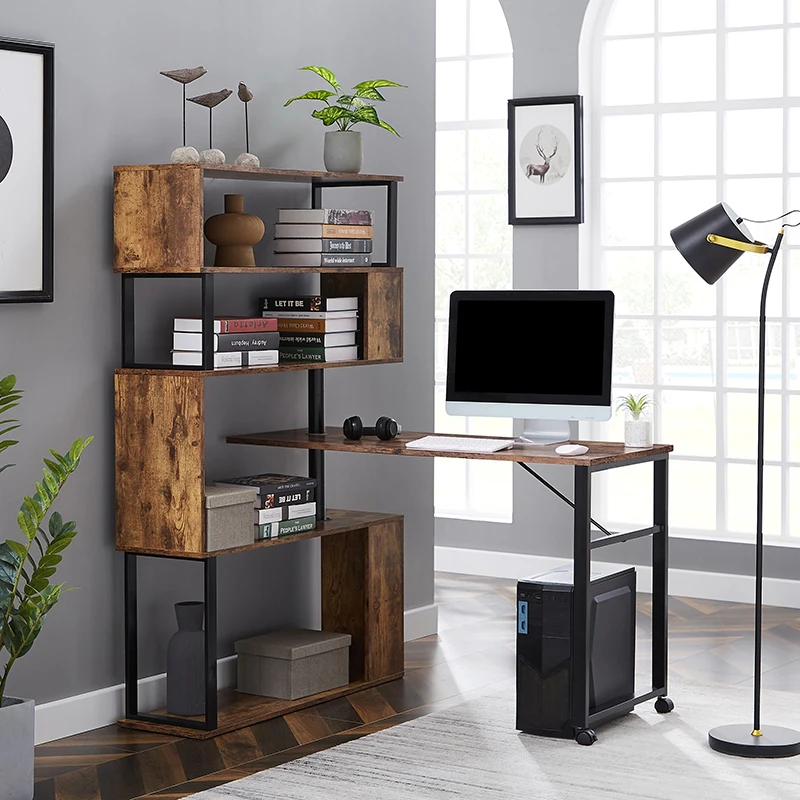 Modern L-Shaped Computer Desk with 5 Bookshelves, Reversible Office Desk Study Table Writing Desk with Wheels for Home Office