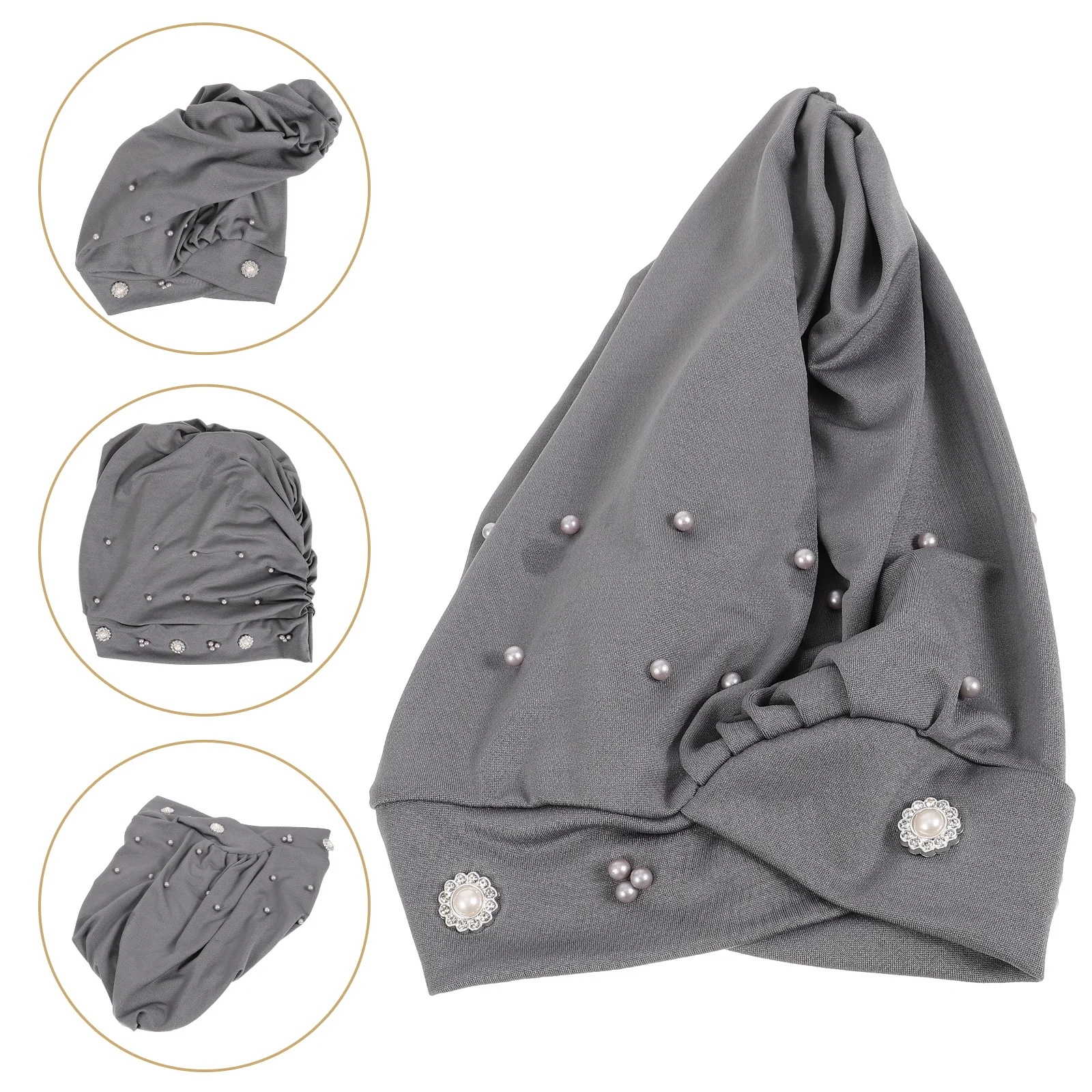 

Elastic Sleeping Cap Beanie Hat Gray Color Flowers Sequins Durable Material Reusable Long Use Fit Most People Curly Hair Bonnet
