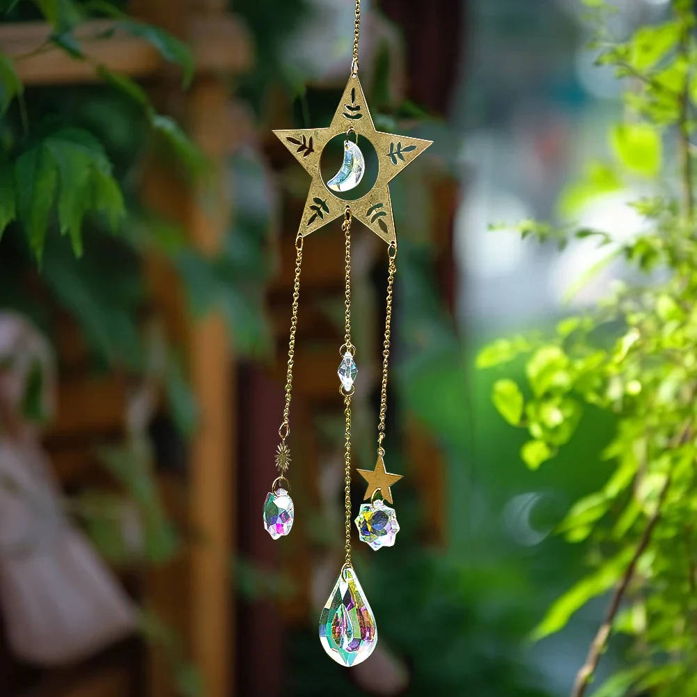 23cm Copper Five-pointed Star Moon Crystal Pendant Bird Repeller Rainbow Making Sunlight Collector Garden Balcony Decorations