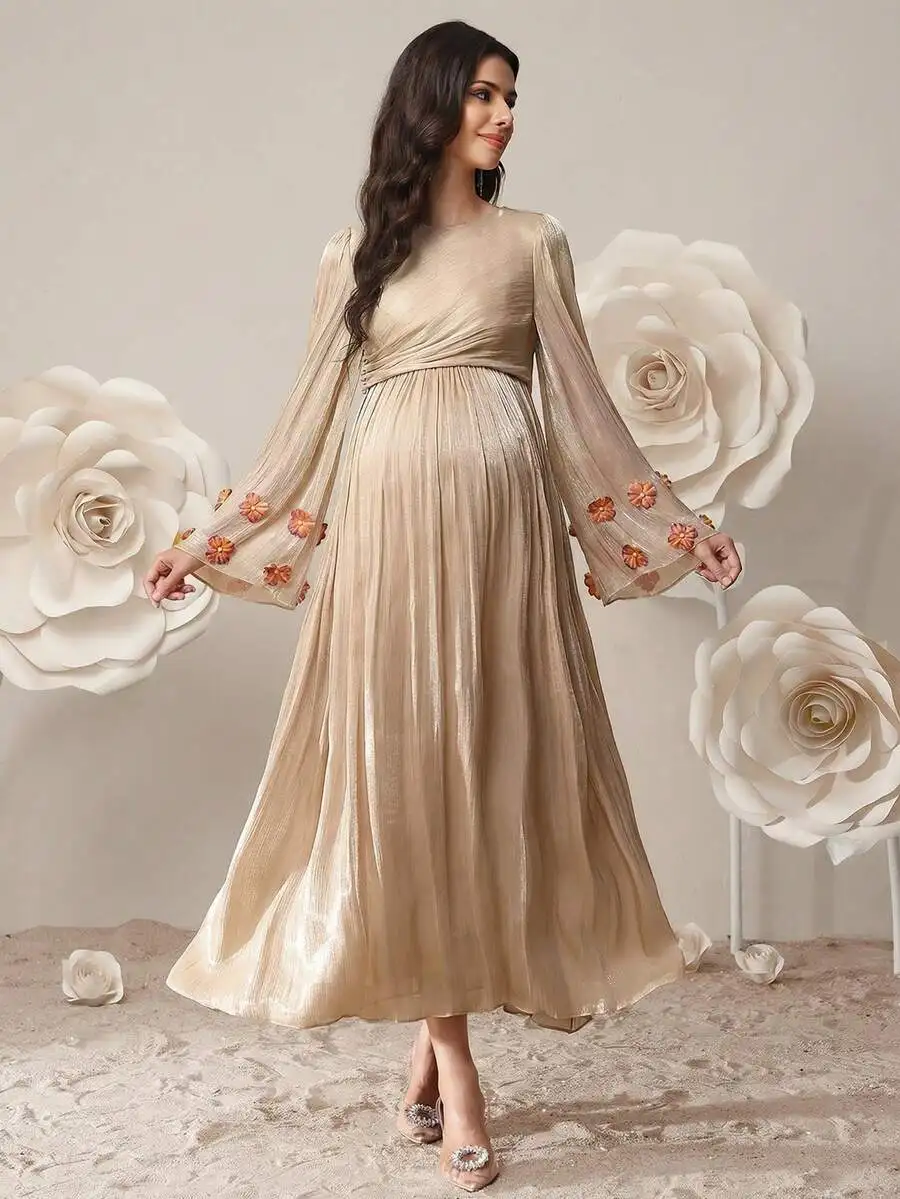 

Maternity Solid Round Neck Ruched Elegant Long Sleeve Floral Embroidery Dress