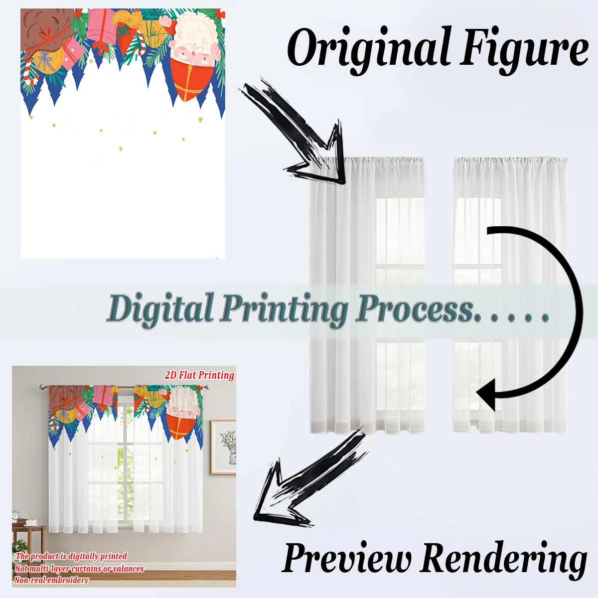 ستارة شفافة للمطبخ بطباعة مسطحة لعيد الميلاد مع صندوق هدايا لأشجار سانتا كلوز لعيد الميلاد وحفلات ديكور المنزل