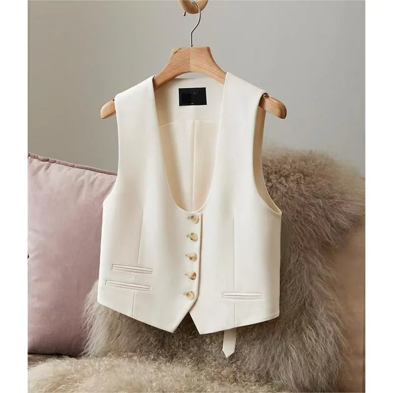 البريطانية تصميم سترة أسود أبيض اقتصاص سترة المرأة U الرقبة سترة دون أكمام موضة مكتب سيدة بليزرات رسمية معاطف قصيرة جديد