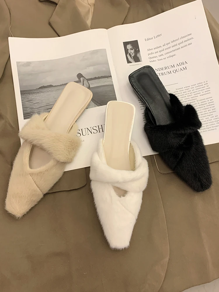 Slippers Women Wear New Gentle Casual Thick Heeled Woolen Shoes In Autumn and Spring of 2022