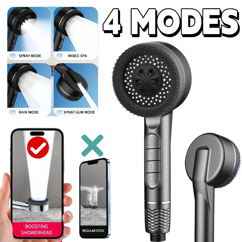 Low Pressure Shower Head with Filter 4 Modes High Pressure Water Saving One-Key Stop Water Massage Portable Showerhead
