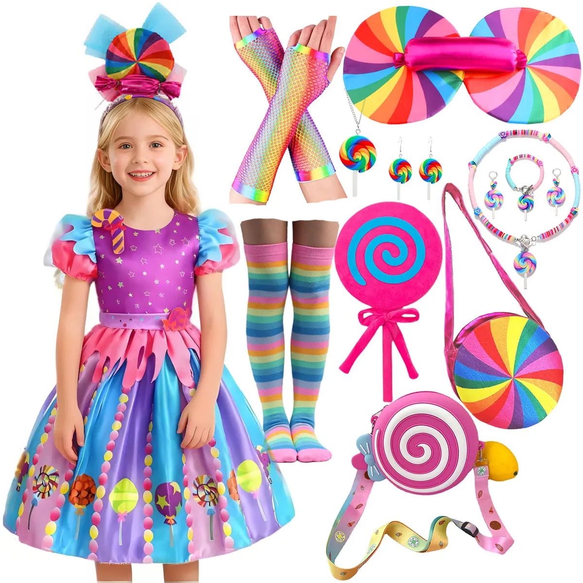 2025 Christmas Holiday Party New Sweet Candy Lollipop Dress Purim Carnival Party Girl Fancy Rainbow Short Sleeve Cute Dress Set