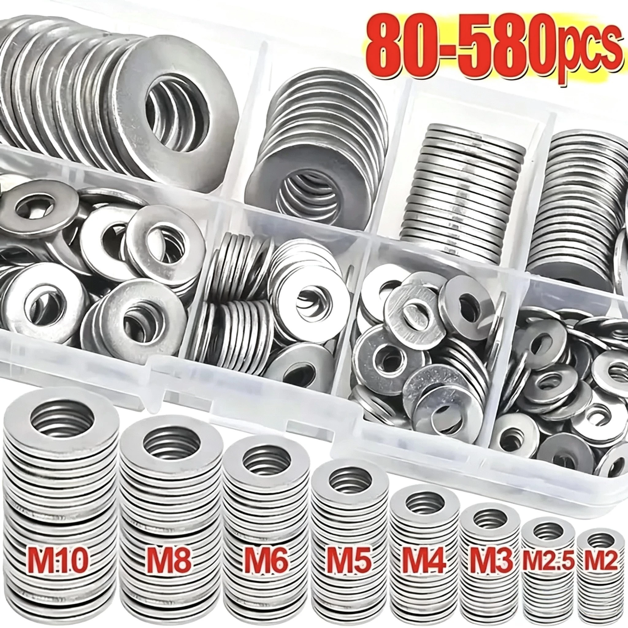 Kit de rondelles plates en acier inoxydable (80-580 pièces) (M2-M10). Idéal pour la décoration intérieure, les réparations en usine, la cuisine, les magasins et la construction extérieure.