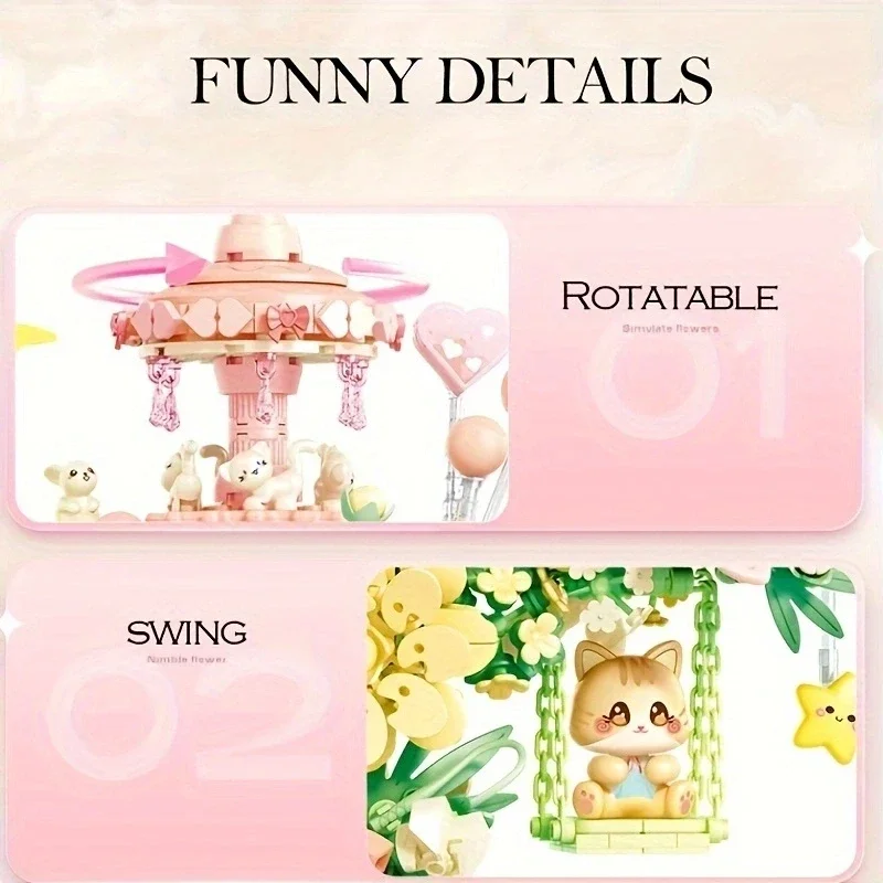 كاروسيل إبداعي لتزيين المنزل ، مكعبات بناء زهور لطيفة ، هدايا للبنات ، أرجوحة