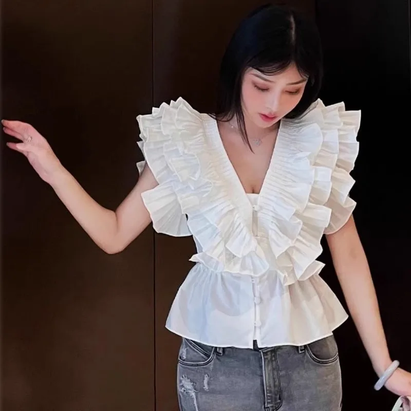 Neploe Vintage Ruched Slim Waist Blouses 2024 Summer New Sleeveless Shirts Women Y2k E-Girl V-neck Ruffles Blusas Mujer