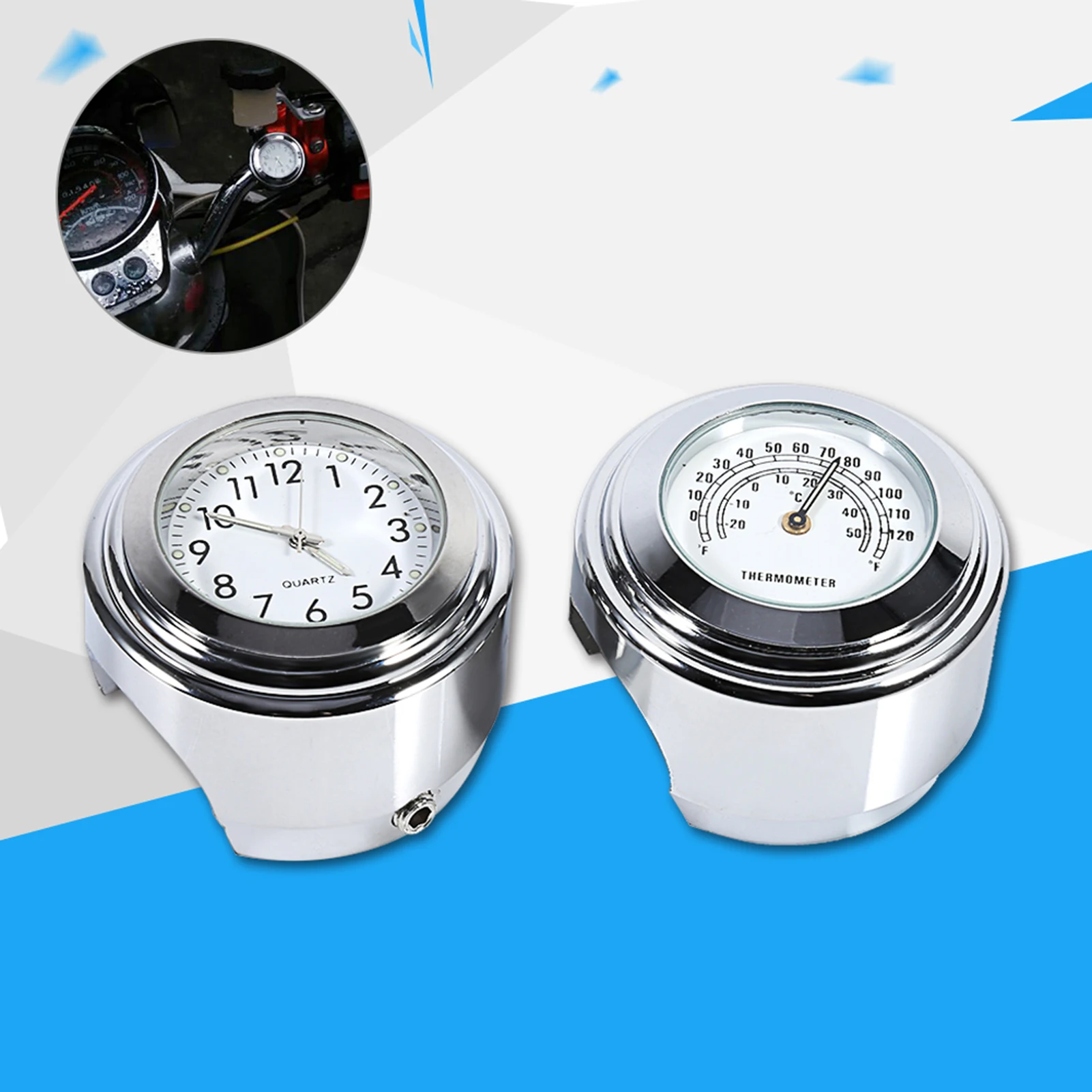 7/8" 1" Motorcycle Handlebar Mount Watch Dial Clock & Thermometer Temp White