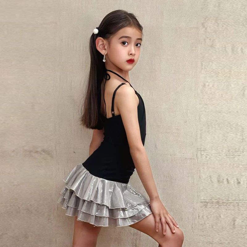 Ensemble de robe noire à trois couches, costume de spectacle de danse latine pour filles, costume de spectacle cha-cha rumba pour enfants, nouvelle collection