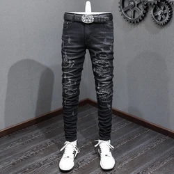 Fashionable new men's black jeans, retro distressed patch, elastic slim fit jeans, high street hip-hop brand designer pants, hom