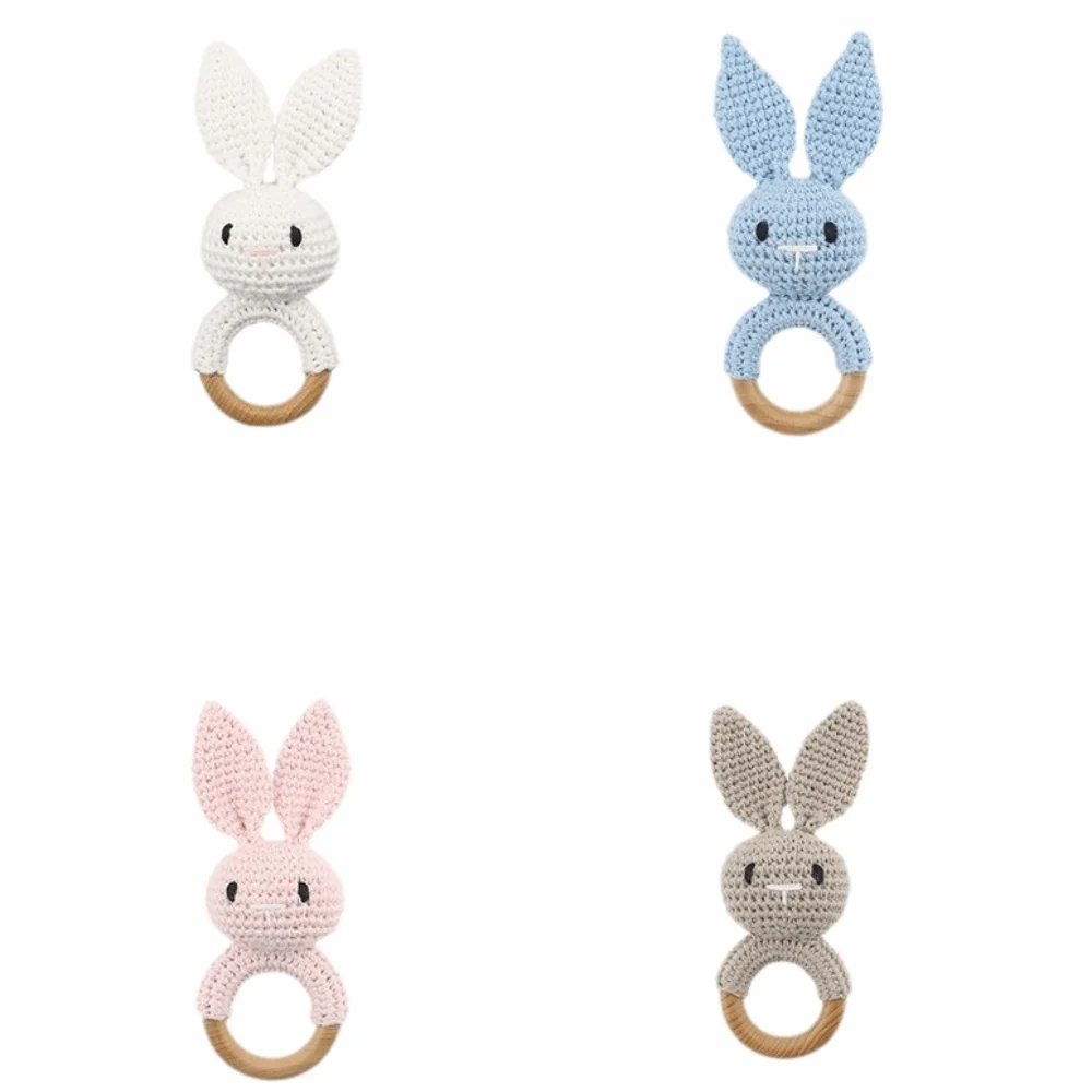 Sonajero de ganchillo de conejo y roedor de madera, tejido de animales de dibujos animados, mordible, sin BPA, diseño suave y relajante, música educativa