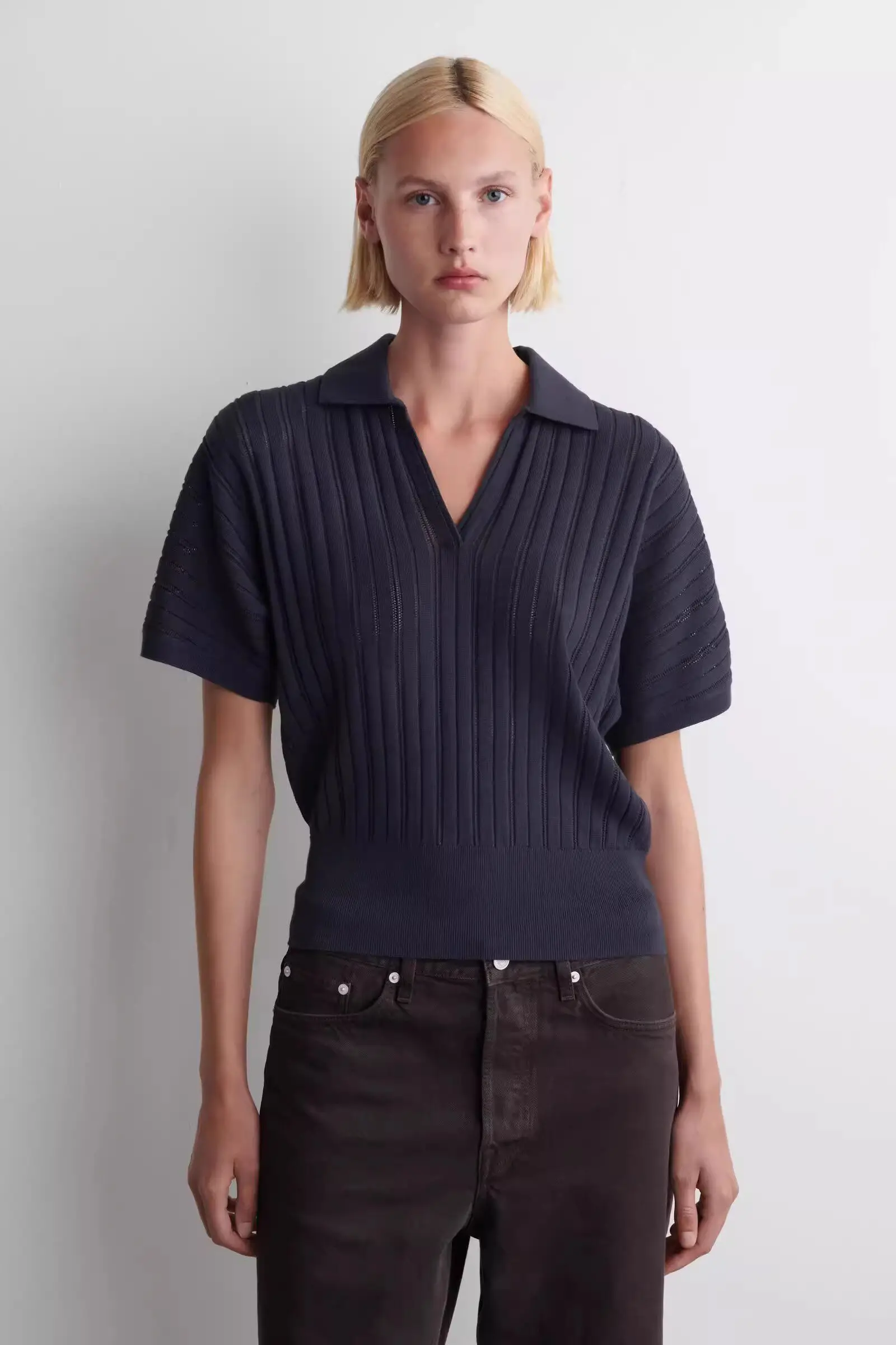 XIMIAN APPAREL 2026 YAZHIMEI Summer New Style of Women's Casual Style Navy Blue Batwing Sleeve Knitted Polo Shirt