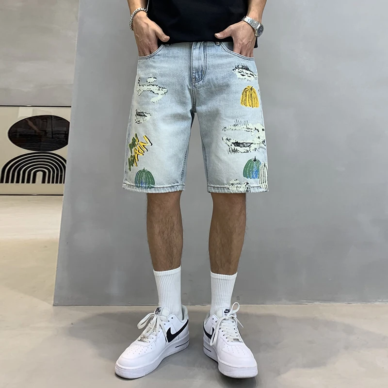 Summer New High-End Pumpkin Print Loose Straight Leg Denim Shorts For Men'S Trendy And Versatile Casual Half Pants