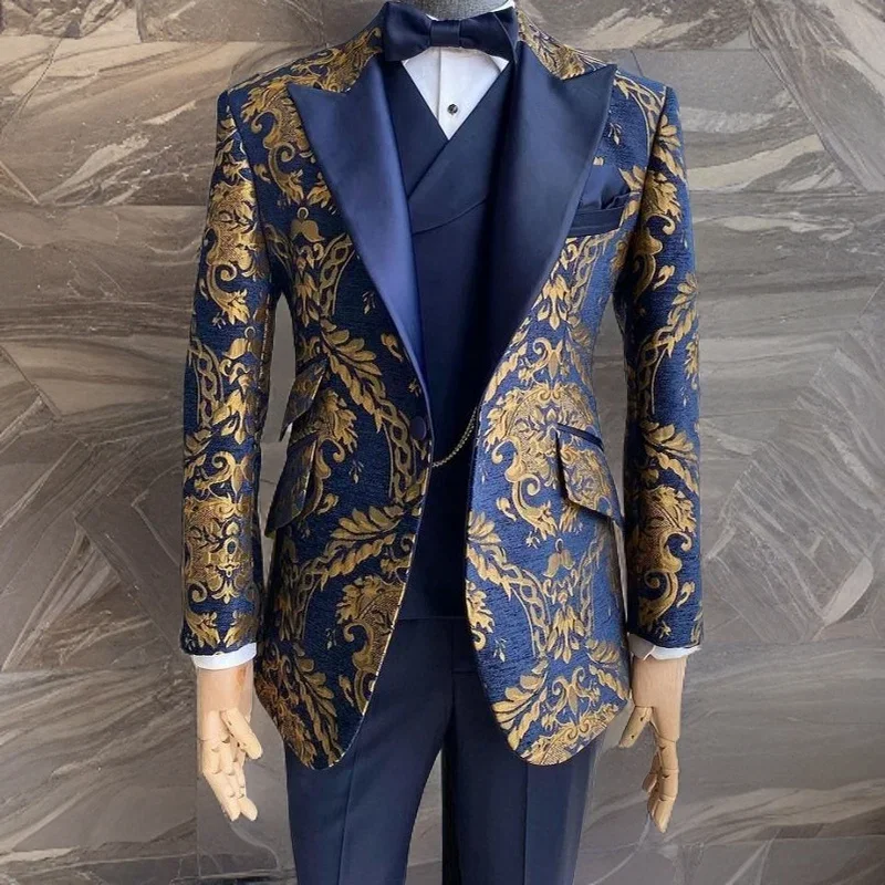 Jacquard Tuxedo Suits For Men Wedding Slim Fit Navy Blue Gold Jacquard Groom Gentleman Jacket With Vest Pant 3 Pcs In Stock