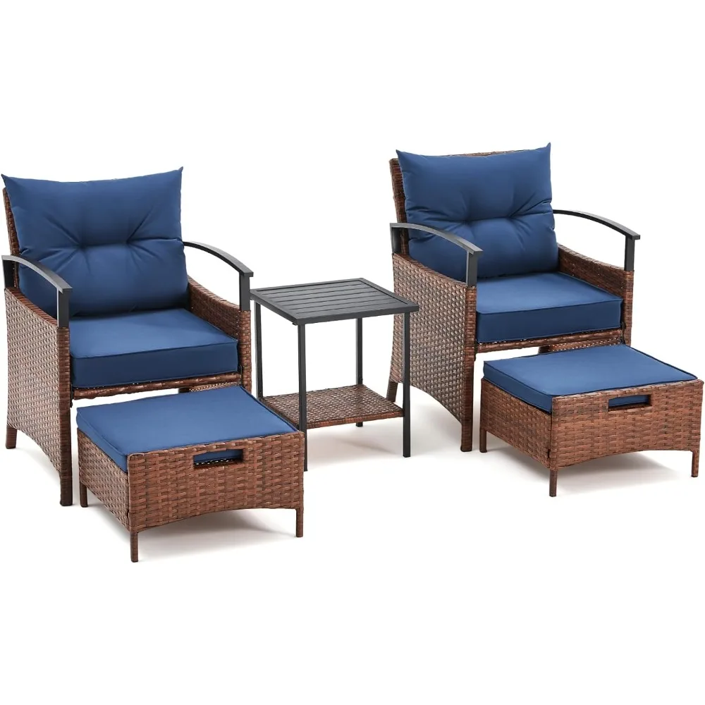 

5 Pieces Patio Furniture Set, Outdoor Rattan Chairs with Metal Coffee Table, Ottomans & Soft Cushions